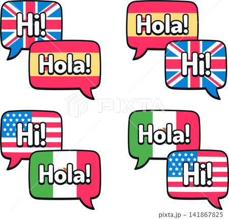 Speech bubbles greetings in English and Spanish Speech bubbles greetings in English and Spanish 141867825