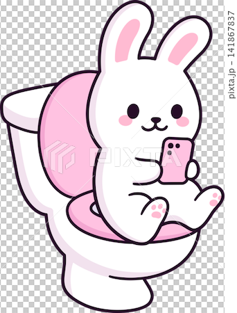 Cute cartoon bunny sitting on toilet with phone Cute cartoon bunny sitting on toilet with phone 141867837