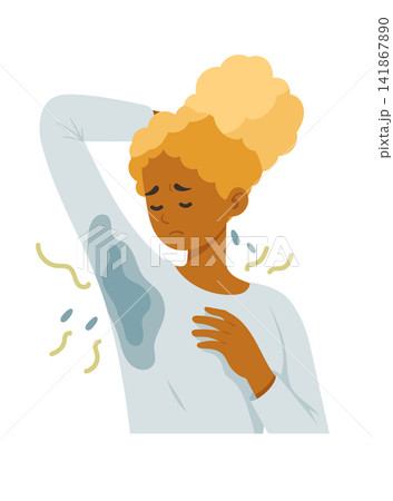Person suffering from excessive underarm sweating and body odor, with visible sweat stains on clothing. Flat vector illustration about hygiene and perspiration. 141867890