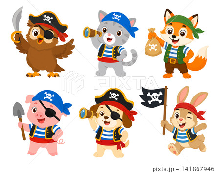 Cute pirate animal cartoon collection with owl, kitten, fox, pig, puppy and rabbit in colorful costumes. Flat vector set isolated on white background. Cute pirate animal cartoon collection with owl, kitten, fox, pig, puppy and rabbit in colorful costumes. Flat vector set isolated on white background. 141867946
