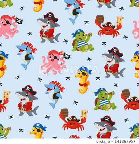 Seamless pirate animal pattern with shark, dolphin, turtle, crab, octopus and seahorse. Cute flat vector background for kids, fabric and wallpaper. 141867957