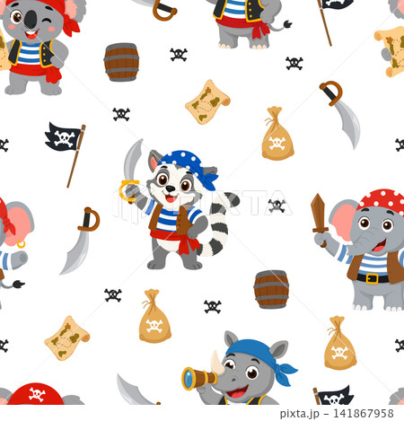 Seamless pirate pattern with cute raccoon, koala, elephant and rhinoceros plus swords, flags, barrels, maps and treasure bags. Flat vector design. Seamless pirate pattern with cute raccoon, koala, elephant and rhinoceros plus swords, flags, barrels, maps and treasure bags. Flat vector design. 141867958