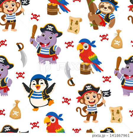 Seamless pirate pattern with monkey, penguin, hippopotamus, parrot and sloth. Cute flat vector background for kids, fabric, wallpaper and prints. Seamless pirate pattern with monkey, penguin, hippopotamus, parrot and sloth. Cute flat vector background for kids, fabric, wallpaper and prints. 141867961