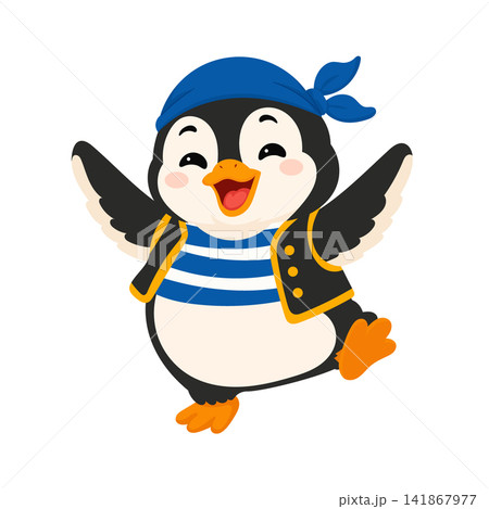 Cute pirate penguin wearing a blue bandana, striped shirt and vest, dancing with open wings. Flat vector cartoon isolated on white background. Cute pirate penguin wearing a blue bandana, striped shirt and vest, dancing with open wings. Flat vector cartoon isolated on white background. 141867977