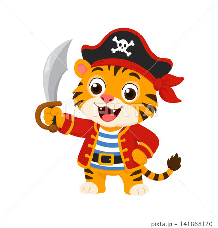 Cute pirate tiger cub wearing a captain's hat, red coat and striped shirt, holding a curved cutlass. Flat vector cartoon isolated on white background. 141868120