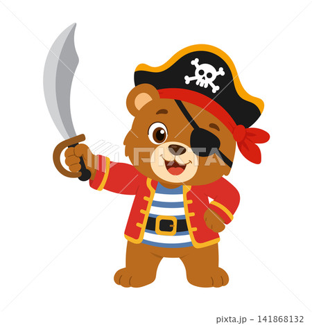 Cute pirate bear wearing a captain's hat, eyepatch, red coat and striped shirt, holding a curved cutlass. Flat vector cartoon isolated on white background. Cute pirate bear wearing a captain's hat, eyepatch, red coat and striped shirt, holding a curved cutlass. Flat vector cartoon isolated on white background. 141868132