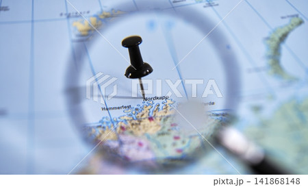 Focus on the destination of Nordkapp with a close-up of a map Focus on the destination of Nordkapp with a close-up of a map 141868148