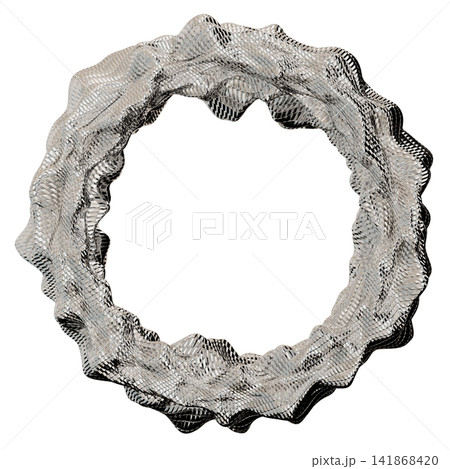 A chrome ring with a round frame is isolated and cut out. The design features a wavy pattern and appears shiny against a clear background. The scene has no distractions A chrome ring with a round frame is isolated and cut out. The design features a wavy pattern and appears shiny against a clear background. The scene has no distractions 141868420