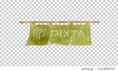 Matcha-colored noren (traditional Japanese curtain) - Hand-painted watercolor illustration Matcha-colored noren (traditional Japanese curtain) - Hand-painted watercolor illustration 141868552