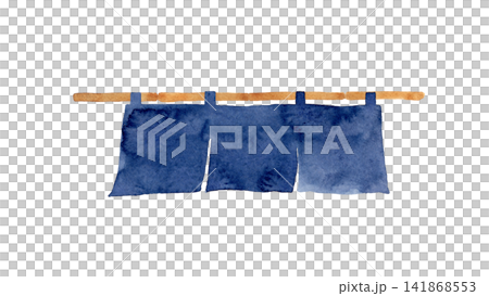 Navy blue noren (traditional Japanese curtain) with hand-painted watercolor illustration. Navy blue noren (traditional Japanese curtain) with hand-painted watercolor illustration. 141868553