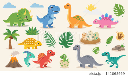 Cute Dinosaur Prehistoric Collection Vector Set Cute Dinosaur Prehistoric Collection Vector Set 141868669