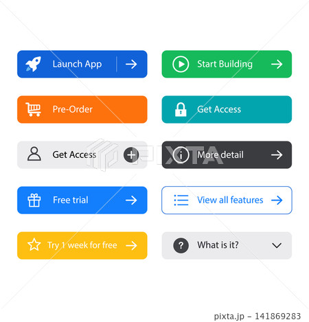 Modern button collection with colorful UI controls, rounded rectangles, blue, green, orange, teal, gray panels, white icons, arrows, and clean typography for web or app navigation. 141869283