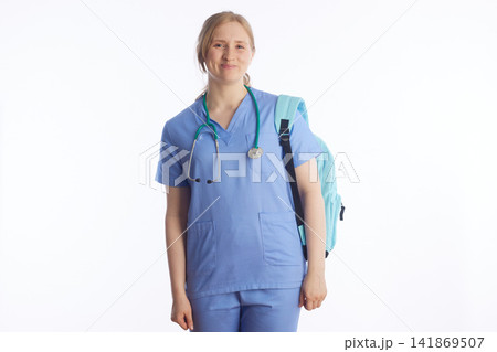 Young Nursing Student with Backpack and Stethoscope Young Nursing Student with Backpack and Stethoscope 141869507