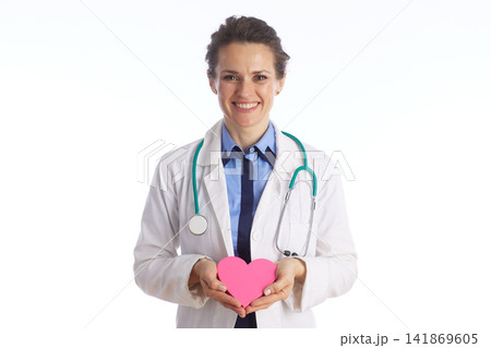 Smiling Female Physician with Heart Health Symbol Smiling Female Physician with Heart Health Symbol 141869605