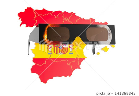 Spain map with eclipse glasses, solar eclipse concept. 3D rendering Spain map with eclipse glasses, solar eclipse concept. 3D rendering 141869845