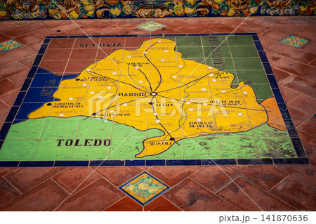 Close up of ceramic tile province map at the base of bench alcove at Plaza of Spain in Seville 141870636