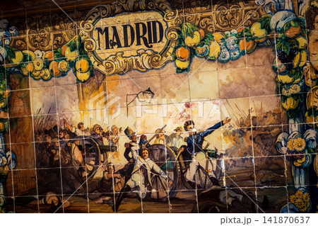 Close up of historic scene ceramic tile panel at Plaza of Spain in Seville Close up of historic scene ceramic tile panel at Plaza of Spain in Seville 141870637