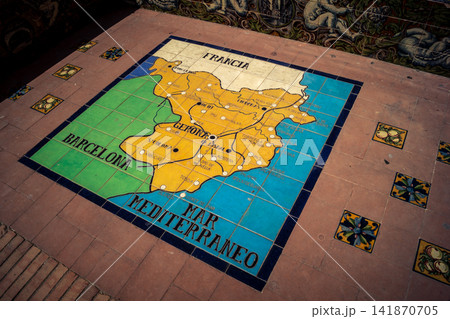 Close up of ceramic tile province map at the base of bench alcove at Plaza of Spain in Seville 141870705