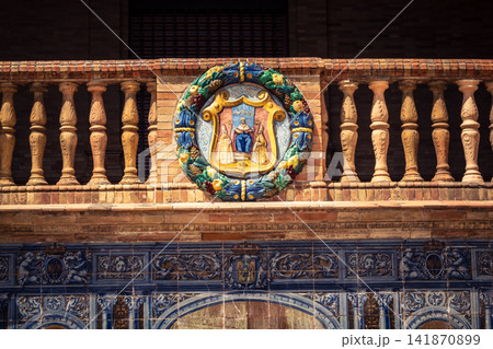 Close up of ceramic coat of arms representing Spanish provinces at Plaza of Spain in Seville Close up of ceramic coat of arms representing Spanish provinces at Plaza of Spain in Seville 141870899