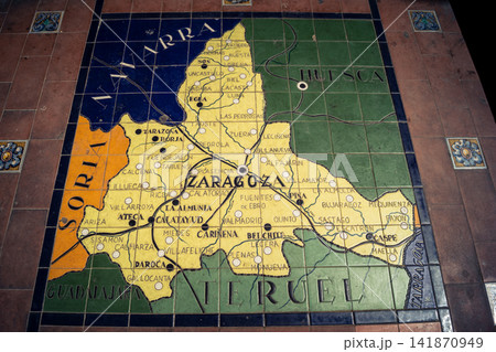 Close up of ceramic tile province map at the base of bench alcove at Plaza of Spain in Seville 141870949