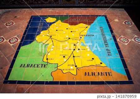 Close up of ceramic tile province map at the base of bench alcove at Plaza of Spain in Seville Close up of ceramic tile province map at the base of bench alcove at Plaza of Spain in Seville 141870959