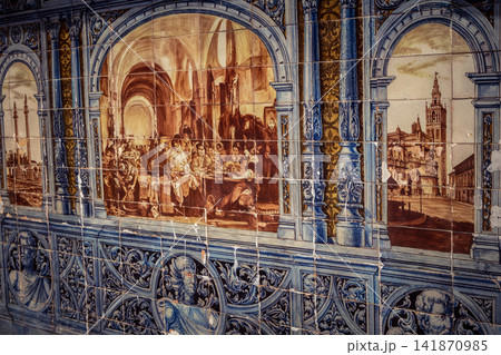 Close up of historic scene ceramic tile panel at Plaza of Spain in Seville Close up of historic scene ceramic tile panel at Plaza of Spain in Seville 141870985