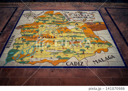 Close up of ceramic tile province map at the base of bench alcove at Plaza of Spain in Seville Close up of ceramic tile province map at the base of bench alcove at Plaza of Spain in Seville 141870986