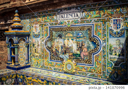 Close up of historic scene ceramic tile panel at Plaza of Spain in Seville Close up of historic scene ceramic tile panel at Plaza of Spain in Seville 141870996