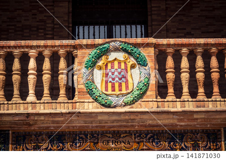 Close up of ceramic coat of arms representing Spanish provinces at Plaza of Spain in Seville Close up of ceramic coat of arms representing Spanish provinces at Plaza of Spain in Seville 141871030