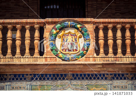 Close up of ceramic coat of arms representing Spanish provinces at Plaza of Spain in Seville Close up of ceramic coat of arms representing Spanish provinces at Plaza of Spain in Seville 141871033
