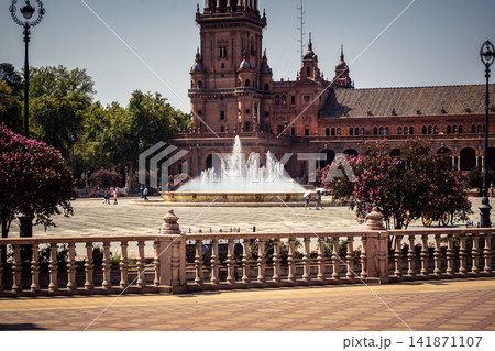 Panoramic architectural view of the iconic Plaza of Spain in Seville Panoramic architectural view of the iconic Plaza of Spain in Seville 141871107
