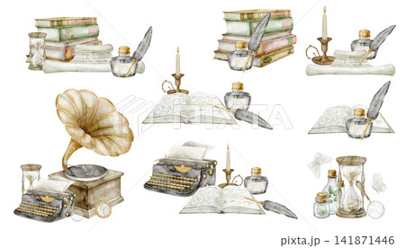 Vintage objects watercolor set. Collection of antique decorative items isolated on background. Clipart with gramophone, stack of books, glass hours for journals, stationery and nostalgic projects. Vintage objects watercolor set. Collection of antique decorative items isolated on background. Clipart with gramophone, stack of books, glass hours for journals, stationery and nostalgic projects. 141871446