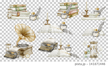 Vintage objects watercolor set. Collection of antique decorative items isolated on background. Clipart with gramophone, stack of books, glass hours for journals, stationery and nostalgic projects. Vintage objects watercolor set. Collection of antique decorative items isolated on background. Clipart with gramophone, stack of books, glass hours for journals, stationery and nostalgic projects. 141871446