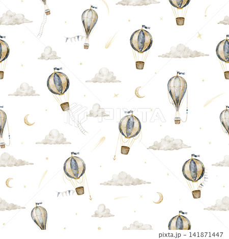 Airship and hot air balloon seamless watercolor pattern isolated on background. Celestial repeat with aircrafts and clouds and stars for fabric, nursery wallpaper and wrapping paper. Baby backdrop. 141871447