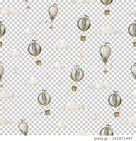 Airship and hot air balloon seamless watercolor pattern isolated on background. Celestial repeat with aircrafts and clouds and stars for fabric, nursery wallpaper and wrapping paper. Baby backdrop. 141871447