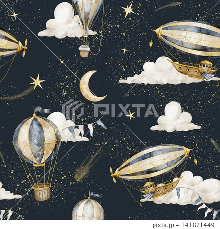 Airship seamless watercolor pattern with balloons isolated on background. Vintage celestial repeat for fabric, wallpaper, wrapping paper and nursery textiles. 141871449