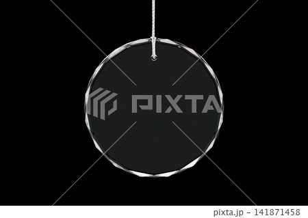 Round Crystal Glass Ornament Hanging on Silver Thread Against Black Background. 3d rendering Round Crystal Glass Ornament Hanging on Silver Thread Against Black Background. 3d rendering 141871458