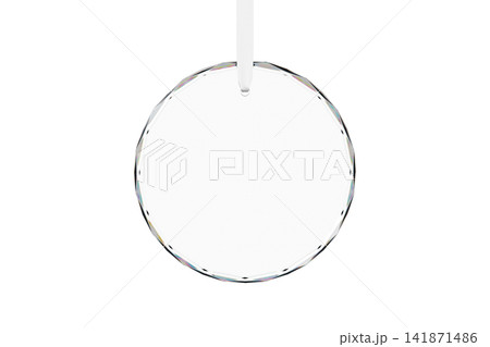 Round Crystal Glass Ornament Hanging on White Ribbon isolated Background. 3d rendering 141871486