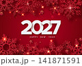 White 2027 numbers appear on red background surrounded by glittering snowflakes, stars and lights 141871591