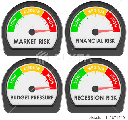 Four risk gauges show market risk, financial risk, budget pressure and recession risk in the high red zone, economic warning and risk assessment concept, 3d rendering Four risk gauges show market risk, financial risk, budget pressure and recession risk in the high red zone, economic warning and risk assessment concept, 3d rendering 141871640