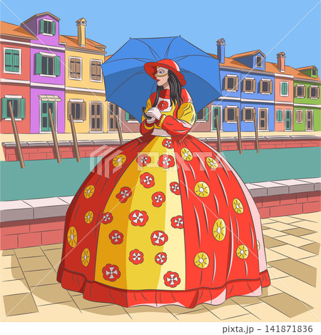 Carnival Woman with Umbrella by Colorful Houses in Burano Venice Italy Carnival Woman with Umbrella by Colorful Houses in Burano Venice Italy 141871836