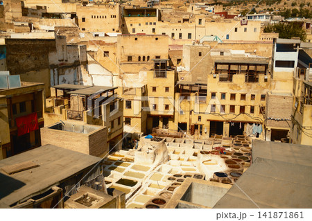 Panoramic view of historic Fez tannery Panoramic view of historic Fez tannery 141871861