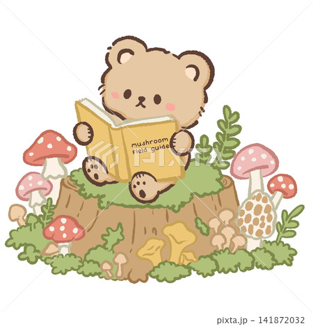 Cute Kawaii Bear Reading a Mushroom Field Guide Surrounded by Wild Mushrooms Cozy Woodland Foraging Illustration Cute Kawaii Bear Reading a Mushroom Field Guide Surrounded by Wild Mushrooms Cozy Woodland Foraging Illustration 141872032