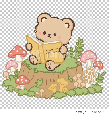 Cute Kawaii Bear Reading a Mushroom Field Guide Surrounded by Wild Mushrooms Cozy Woodland Foraging Illustration Cute Kawaii Bear Reading a Mushroom Field Guide Surrounded by Wild Mushrooms Cozy Woodland Foraging Illustration 141872032