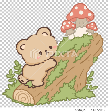 Cute Kawaii Bear Climbing a Mossy Fallen Log with Red Mushrooms Cozy Woodland Forest Illustration Cute Kawaii Bear Climbing a Mossy Fallen Log with Red Mushrooms Cozy Woodland Forest Illustration 141872037