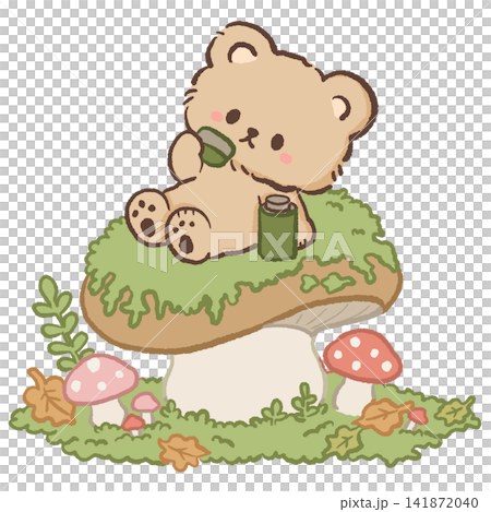 Cute Kawaii Bear Sitting on a Giant Mushroom Drinking from a Tiny Green Cup Woodland Cottagecore Illustration 141872040