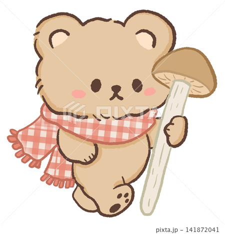 Cute Kawaii Bear Wearing a Gingham Scarf Holding a Giant Mushroom Cozy Cottagecore Woodland Illustration Cute Kawaii Bear Wearing a Gingham Scarf Holding a Giant Mushroom Cozy Cottagecore Woodland Illustration 141872041