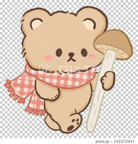 Cute Kawaii Bear Wearing a Gingham Scarf Holding a Giant Mushroom Cozy Cottagecore Woodland Illustration Cute Kawaii Bear Wearing a Gingham Scarf Holding a Giant Mushroom Cozy Cottagecore Woodland Illustration 141872041
