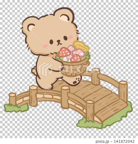 Cute Kawaii Bear Walking Across a Wooden Bridge Carrying a Basket of Colorful Mushrooms Woodland Foraging Illustration Cute Kawaii Bear Walking Across a Wooden Bridge Carrying a Basket of Colorful Mushrooms Woodland Foraging Illustration 141872042