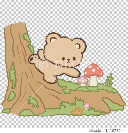 Cute Kawaii Bear Climbing on a Mossy Tree Log with Red Mushrooms Cozy Woodland Autumn Illustration Cute Kawaii Bear Climbing on a Mossy Tree Log with Red Mushrooms Cozy Woodland Autumn Illustration 141872044